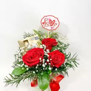 Box com 3 Rosas Importadas + Caixa Ferreiro Rocher 4 un. + Plaquinha